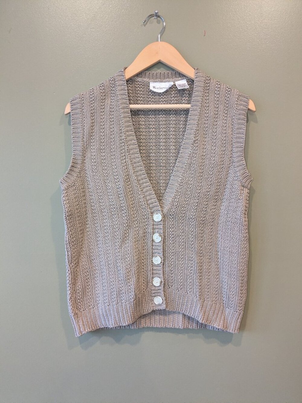 Weathervane Tan 100% Cotton Vest Small Cable Knit V-Neck Neutral Cardigan Preppy